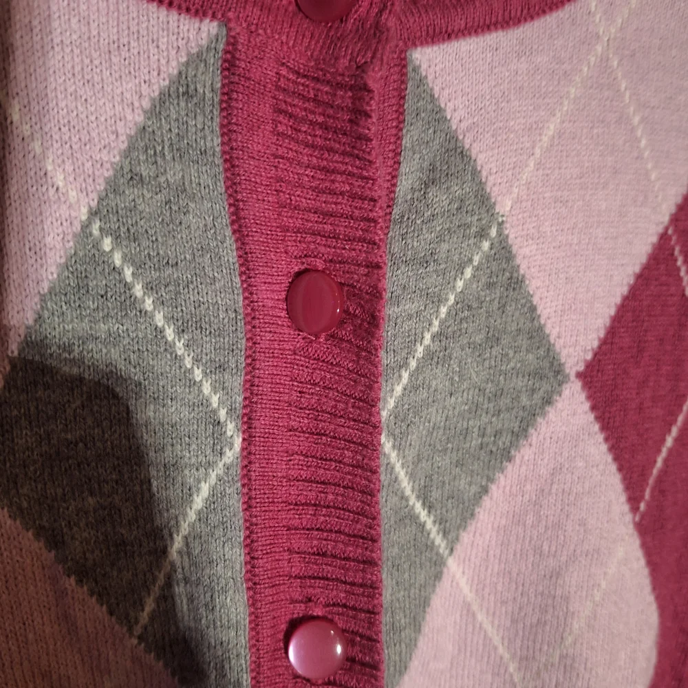 Willow Bay Elegant Argyle Cardigan Sweater - Pink and Gray - Picture 3 of 5